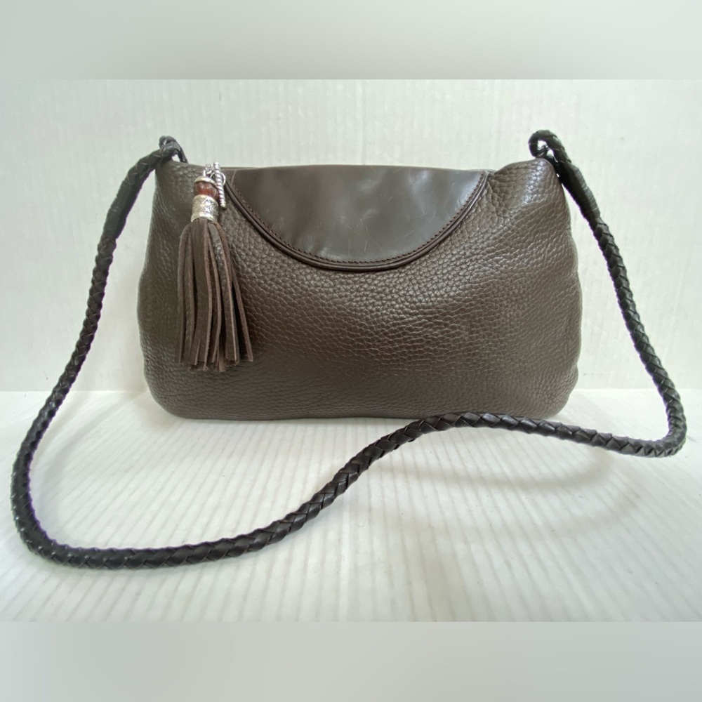 BRIGHTON Brown Pebble Leather Shoulder Bag W/ Woven Strap